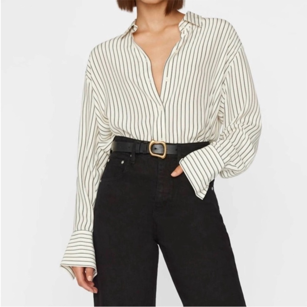 Frame 100% Silk Off White Multi Stripe Button Down Blouse Oversized Relaxed sm - Picture 2 of 12